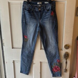 Vintage America Blue Skinny Jeans with Pink Rose Appliqués